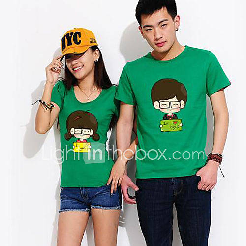 Aiyifang Casual Cartoon Print Lovers T Shirt(Green)