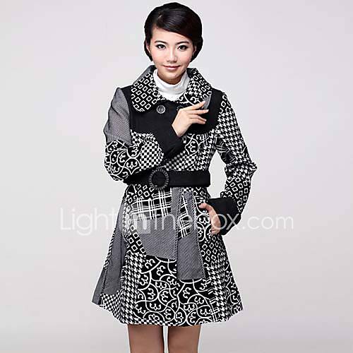 LIFVER Womens Vintage Lapel Check Pattern Coat With Belt