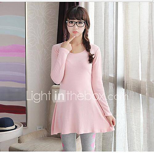 Womens Han Edition Round Collar Pleated Dress Pure Color Long Sleeve Cultivate Ones Morality