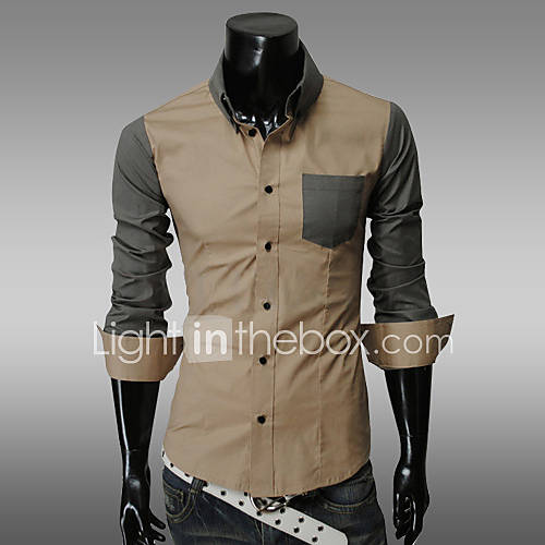 URUN Cotton Blend Lapel Collar Pocket Decorate Long Sleeve T Shirt(Khaki)