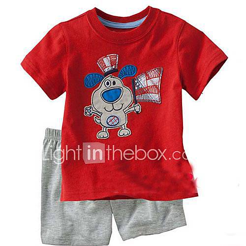 Boys Short Sleeve Round Collar Red Dog T shirts Grey Short Pants Cotton Twinsets