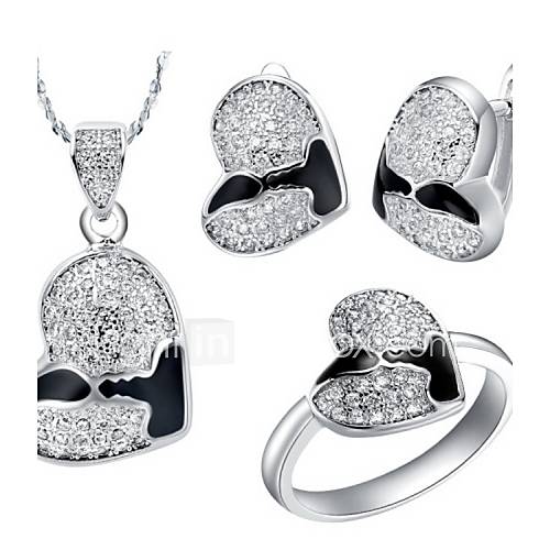 Original Silver Plated Cubic Zirconia Irregular Broken Heart Womens Jewelry Set(Necklace,Earrings,Ring)