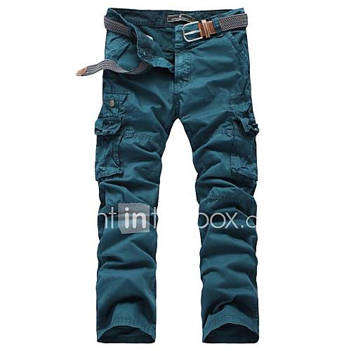 Mens Multi Pocket Solid Color Pants (Belt Not Included) 8323 Blue