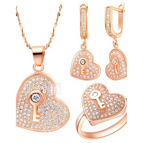 Delicate Silver Plated Cubic Zirconia Key On Heart Womens Jewelry Set(Necklace,Earrings,Ring)(Gold,Silver)