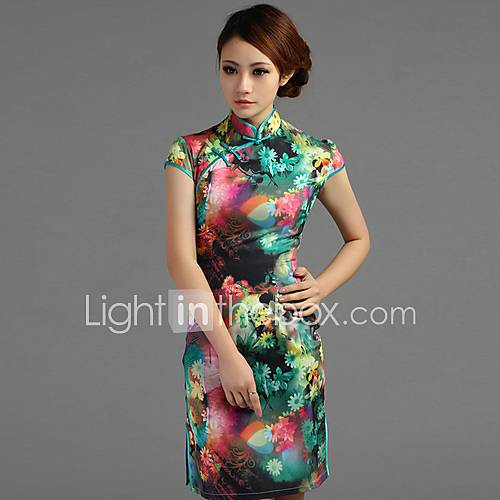 Yeshu Classical National Floral Printing Bodycon Cheongsam (Green)