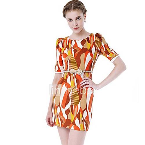 Womens Round Collar Puff Sleeve Print Bodycon Mini Dress