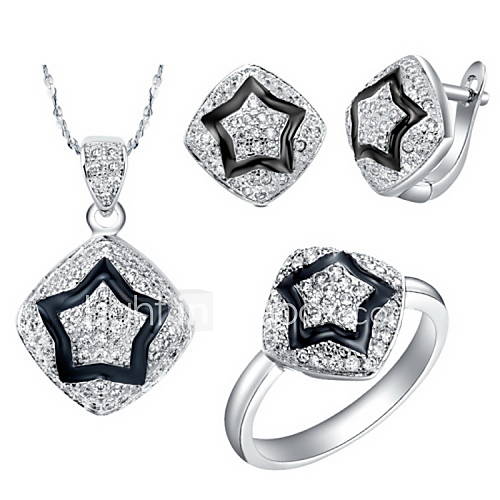 Fashion Silver Plated Silver With Cubic Zirconia Star On Square Womens Jewelry Set(Including Necklace,Earrings,Ring)