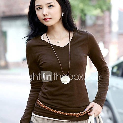 DGWE Womens V Neck Long Sleeve Unlined Upper Garment Pure Color T Shirt(Coffee)