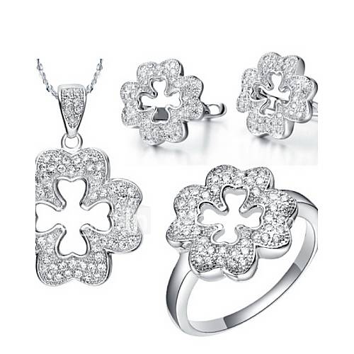 Sweet Silver Plated Silver With Cubic Zirconia Pierced Clover Womens Jewelry Set(Including Necklace,Earrings,Ring)