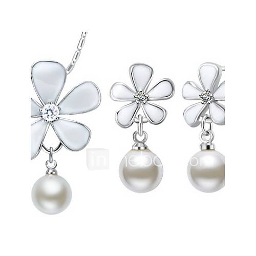 Sweet Silver Plated Silver With Imitation Pearl White Flower Womens Jewelry Set(Including Necklace,Earrings)