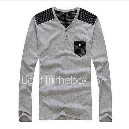 Mens V Neck Casual Long Sleeve Polka Dots Splicing T shirt