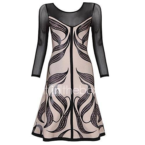 Printed Sexy Mesh Perspective Long Sleeve Bodycon Bandage Dress