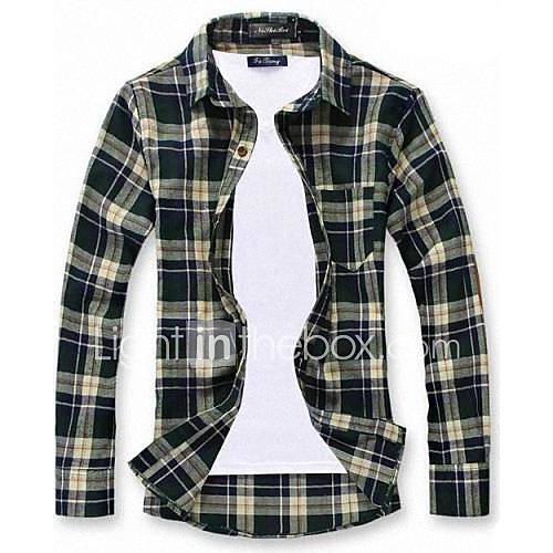 Mens Lapel Leisure Cotton Plaid Shirt