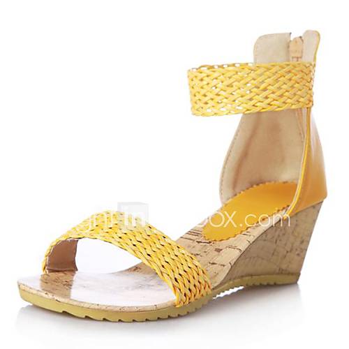 Faux Leather Womens Wedge Heel Open Toe Sandals With Zipper Shoes(More Colors)