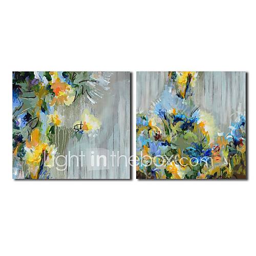 Hand Painted Oil Painting Floral Blue flower with Stretched Frame Set of 2