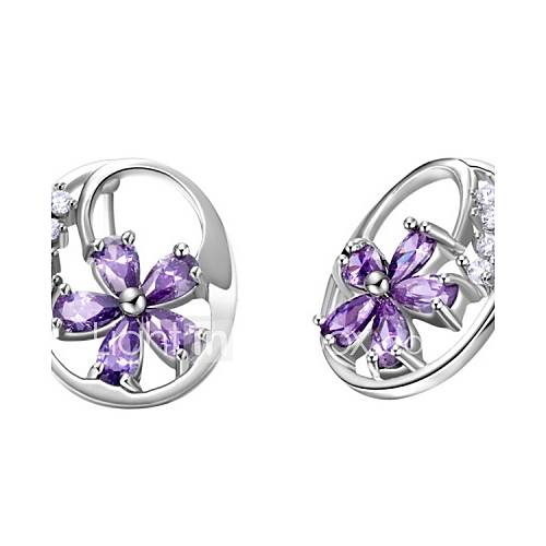 Elegant Silver Plated Silver With Purple Cubic Zirconia Flower Womens Earring