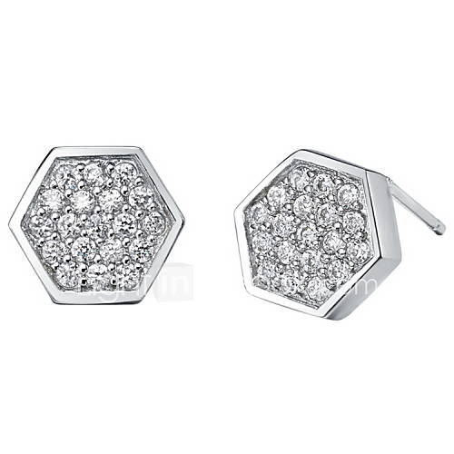 Simple Silver Plated Silver With Cubic Zirconia Hexagon Shape Womens Earring