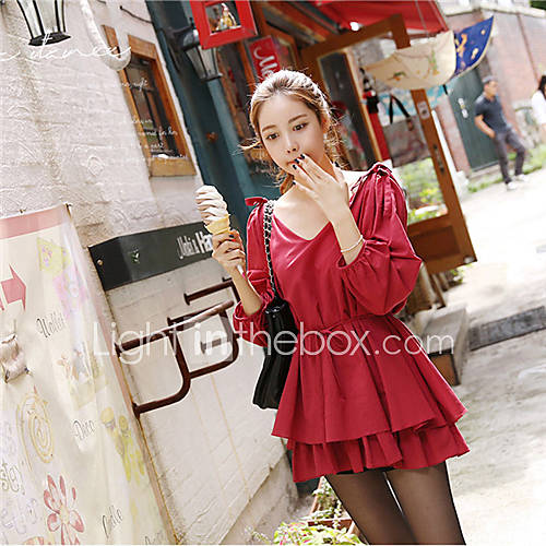 XiXi Womens Sweet V Collar Waist Big Hem Loose Fit Dress(Red)