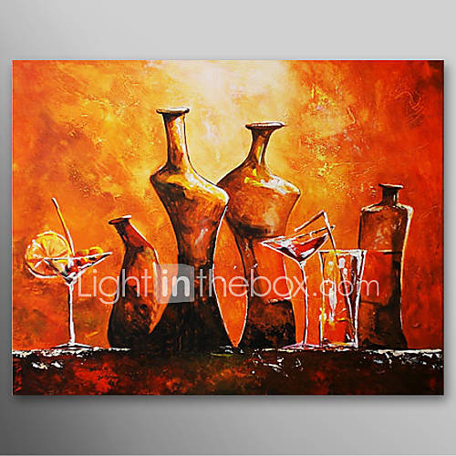 Hand Painted Oil Painting Abstract Wine Glass and Bottle with Stretched Frame Ready to Hang