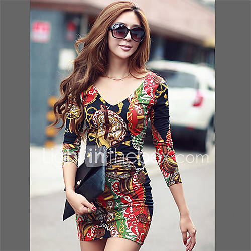 Lishang Womens Modern Sexy Flower Print Bodycon Fitted Dress(Screen Color)