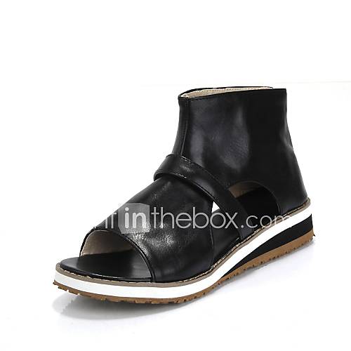 Faux Leather Womens Wedge Heel Open Toe Fashion Ankle Boots with Zipper Shoes(More Colors)