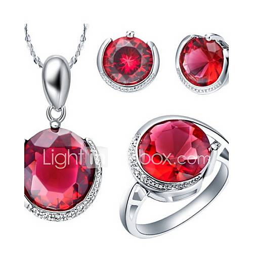 Classic Silver Plated Cubic Zirconia Round Womens Jewelry Set(Necklace,Earrings,Ring)(Red,Purple)