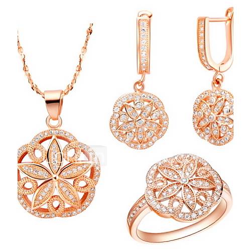 Fashion Silver Plated Cubic Zirconia Pierced Flower Womens Jewelry Set(Necklace,Earrings,Ring)(Gold,Silver)