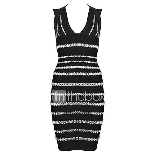 Sexy V Neck Stripe Beaded Slim Black Bodycon Bandage Dress