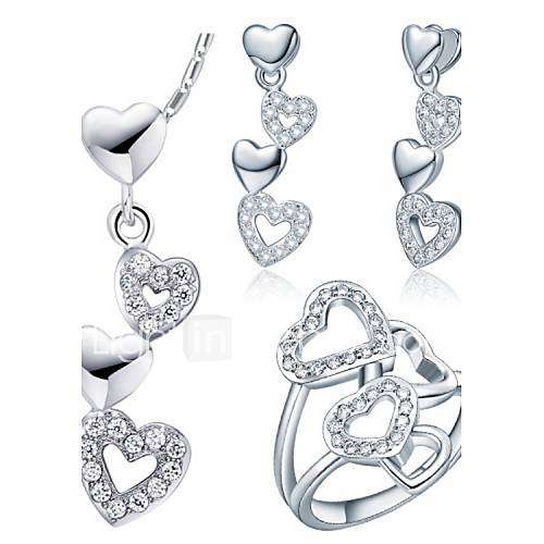 Fashion Silver Plated Silver With Cubic Zirconia Linked Heart Womens Jewelry Set(Including Necklace,Earrings,Ring)