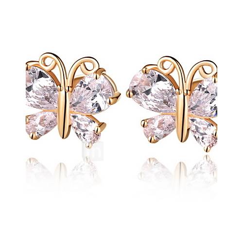 Sweet Gold Or Silver Plated With Light Pink Cubic Zirconia Butterfly Womens Earrings(More Colors)