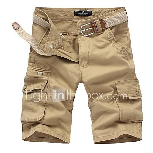 Mens Solid Color Multi Pocket Straight Shorts(without Belt) 3601 Khaki