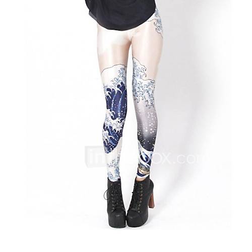 Elonbo Waves Style Digital Painting High Women Free Size Waisted Stretchy Tight Leggings