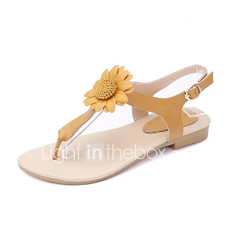 Leather Womens Flat Heel Flip Flops Sandals With Flower Shoes(More Colors)