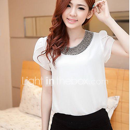 CoolCube Womens Sweet Round Neck Bead Chiffon Loose Fit T Shirt