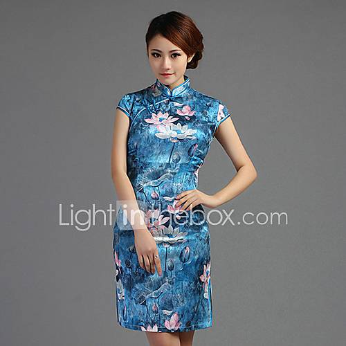 Yeshu Retro Mandarin Collar Printing Bodycon Short Heongsam