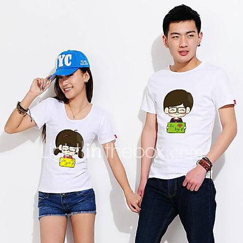 Aiyifang Casual Cartoon Print Lovers T Shirt(White)