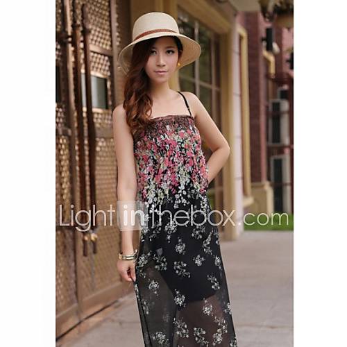 Womens Bohemia Strap Random Print Chiffon Dress