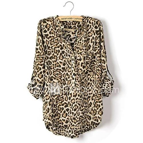 New Fashion Womens Leopard Print V Neck Long Sleeve Shirts