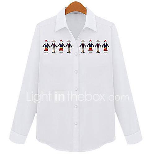 Womens Summer Lapel Cartoon Long Sleeve White Slim Shirt