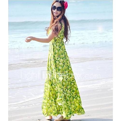 DGWE Womens Fruit Design Beach Bohemian V Neck Chiffon Dress(Green)