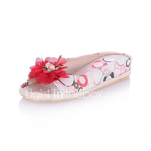 Canvas Womens Flat Heel Open Toe Slippers Shoes with Flower(More Colors)