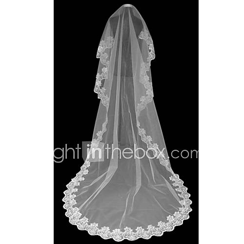 One Tier Cathedral Wedding Veil With Applique Edge(More Colors)