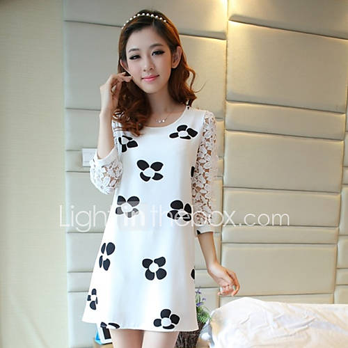YIMN WomenS Lace Stitching Printed Long Sleeve Chiffon Dress(White)