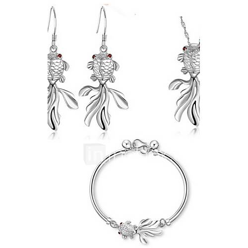 Cute Silver Plated Silver With Cubic Zirconia Goldfish Womens Jewelry Set(Including Necklace,Earrings,Bracelet)