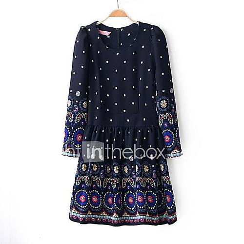 Womens Round Neck Vintage Long sleeves Casual Dress with Flowers Printing