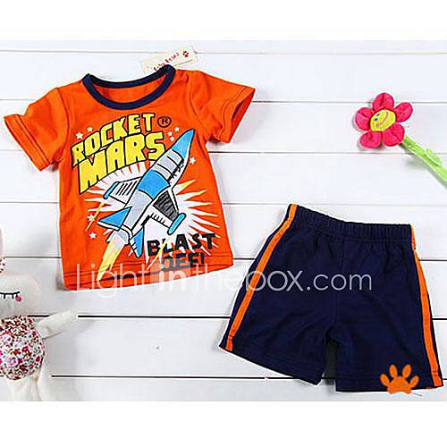 Boys Short Sleeve Round Collar Orange Plane T shirts Deep Blue Short Pants Cotton Twinsets