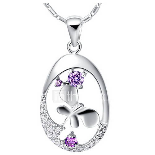 Vintage Round Shape With Butterfly Silvery Alloy Necklace(1 Pc)(Purple,White)