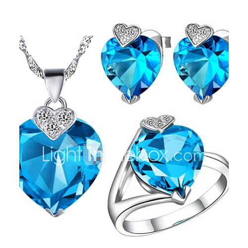 Fashion Silver Plated Silver With Cubic Zirconia Heart Of The Ocean Womens Jewelry Set(Including Necklace,Earrings,Ring)