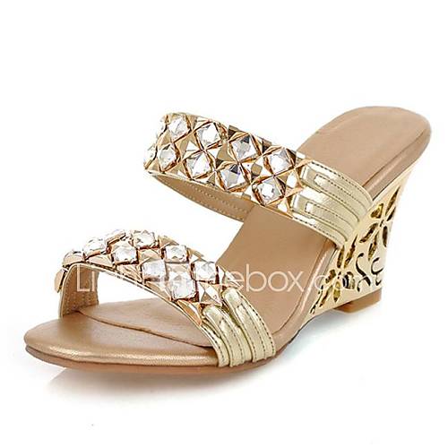 Leather Womens Wedge Heel Slide Slippers with Rhinestone Shoes(More Colors)