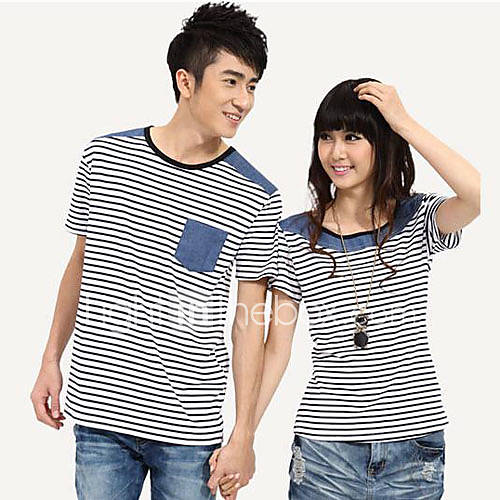 Aiyifang Casual Stripe Lovers T Shirt(Black)